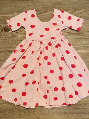 Alice + Ames Pink Polka Dot Girls' Dress with Red Spots Short Sleeves